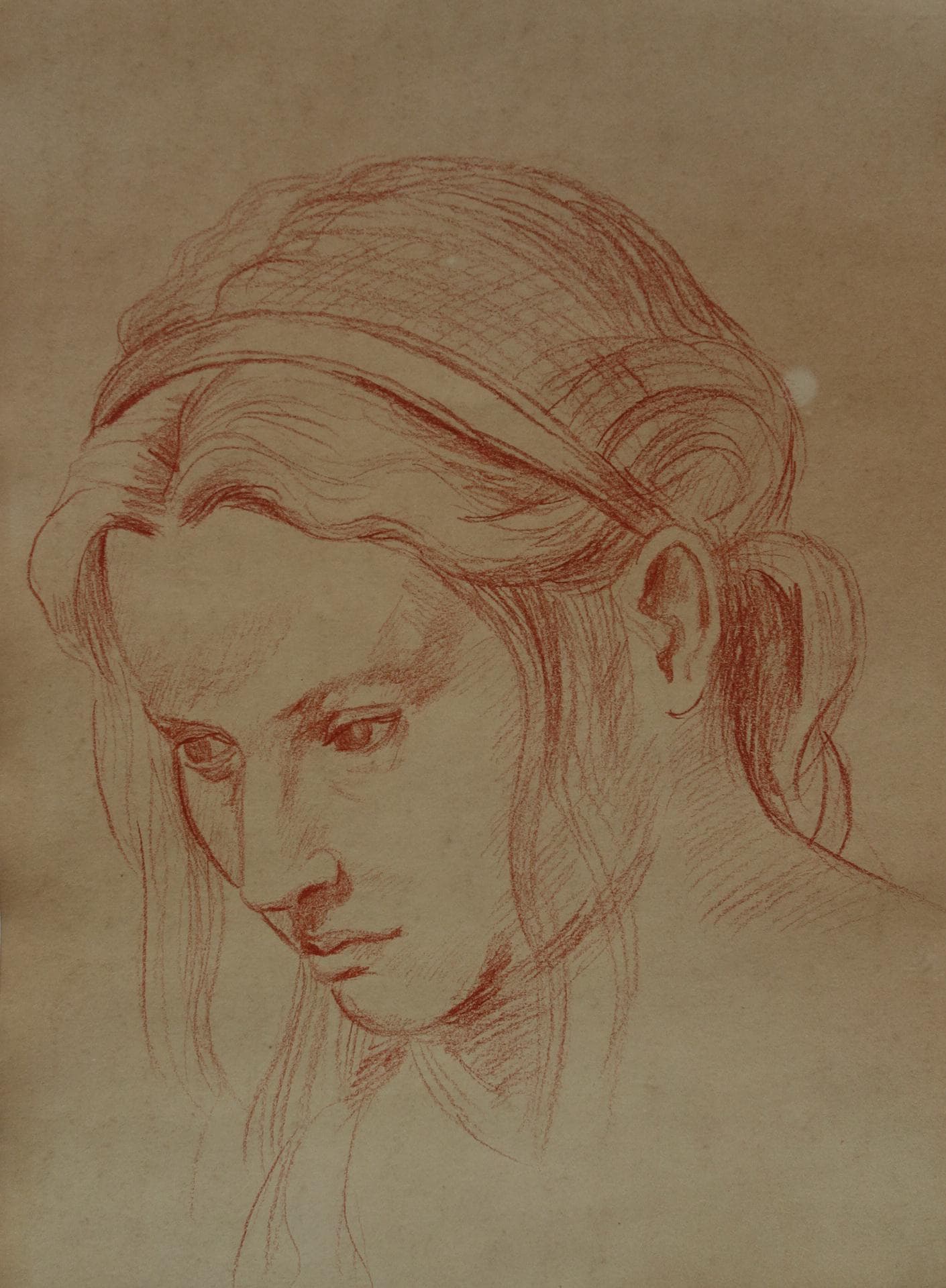 European Old Master drawing, Woman, Charcoal Portrait study, Fine art