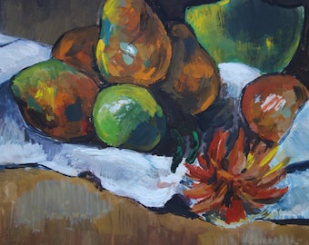 ゴージャスな油絵 タヒチのユニークな油絵、静物画、ポール・ゴーギャンのサイン入り