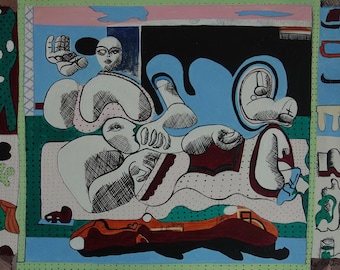 May include: Abstract painting with a black, white, and blue color scheme. The painting features a stylized figure with a large hand and a face. The figure is surrounded by other abstract shapes and forms.