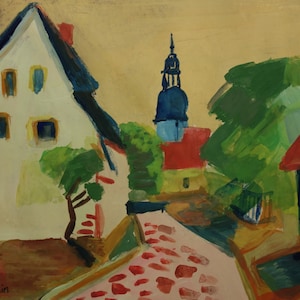 May include: A painting of a small town with a white house, a blue church steeple, and a red-roofed building. The buildings are surrounded by green trees and a cobblestone path.
