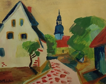 May include: A painting of a small town with a white house, a blue church steeple, and a red-roofed building. The buildings are surrounded by green trees and a cobblestone path.