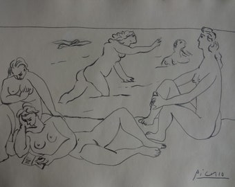 Fine art, Rare Cubist drawing – figures, signed, Pablo Picasso