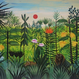 Fine post impressionist, oil painting - jungle, Signed, Henri Rousseau