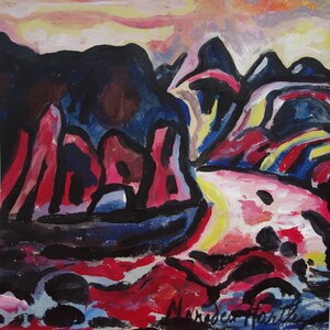 May include: Abstract painting with a landscape scene. The painting features a dark blue and black background with red, yellow, and white brushstrokes. The artist's signature, "Mercedes Hartl", is visible in the bottom right corner.
