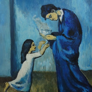 May include: A painting of two people, one in a blue robe holding a white bowl, and the other in a white dress, reaching out to receive the bowl. The background is a blue wall.