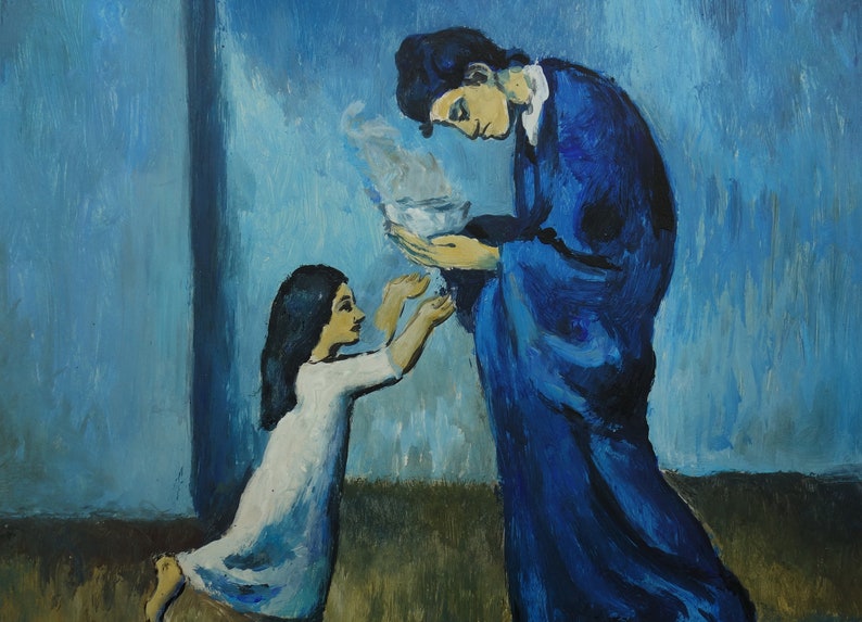 May include: A painting of two people, one in a blue robe holding a white bowl, and the other in a white dress, reaching out to receive the bowl. The background is a blue wall.