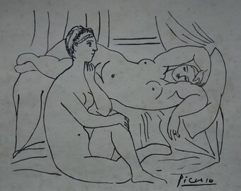 Fine art, Rare Cubist drawing – figures, signed, Pablo Picasso