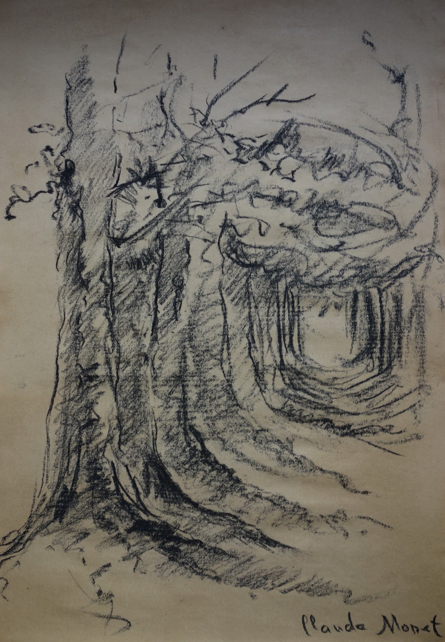 Fine impressionist charcoal drawing - countryside landscape, Marked & Signed, Claude Monet