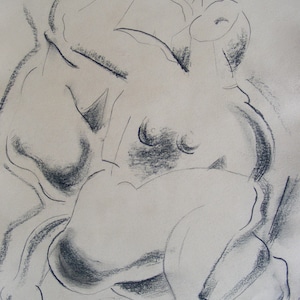 May include: A black and white charcoal drawing of two figures in a reclining pose. The figures are drawn in a stylized, abstract manner, with emphasis on the curves of the bodies.