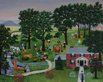 Belle peinture moderniste de l'Amérique ancienne - Paysage, Signé, Grandma Moses, ère Hopper