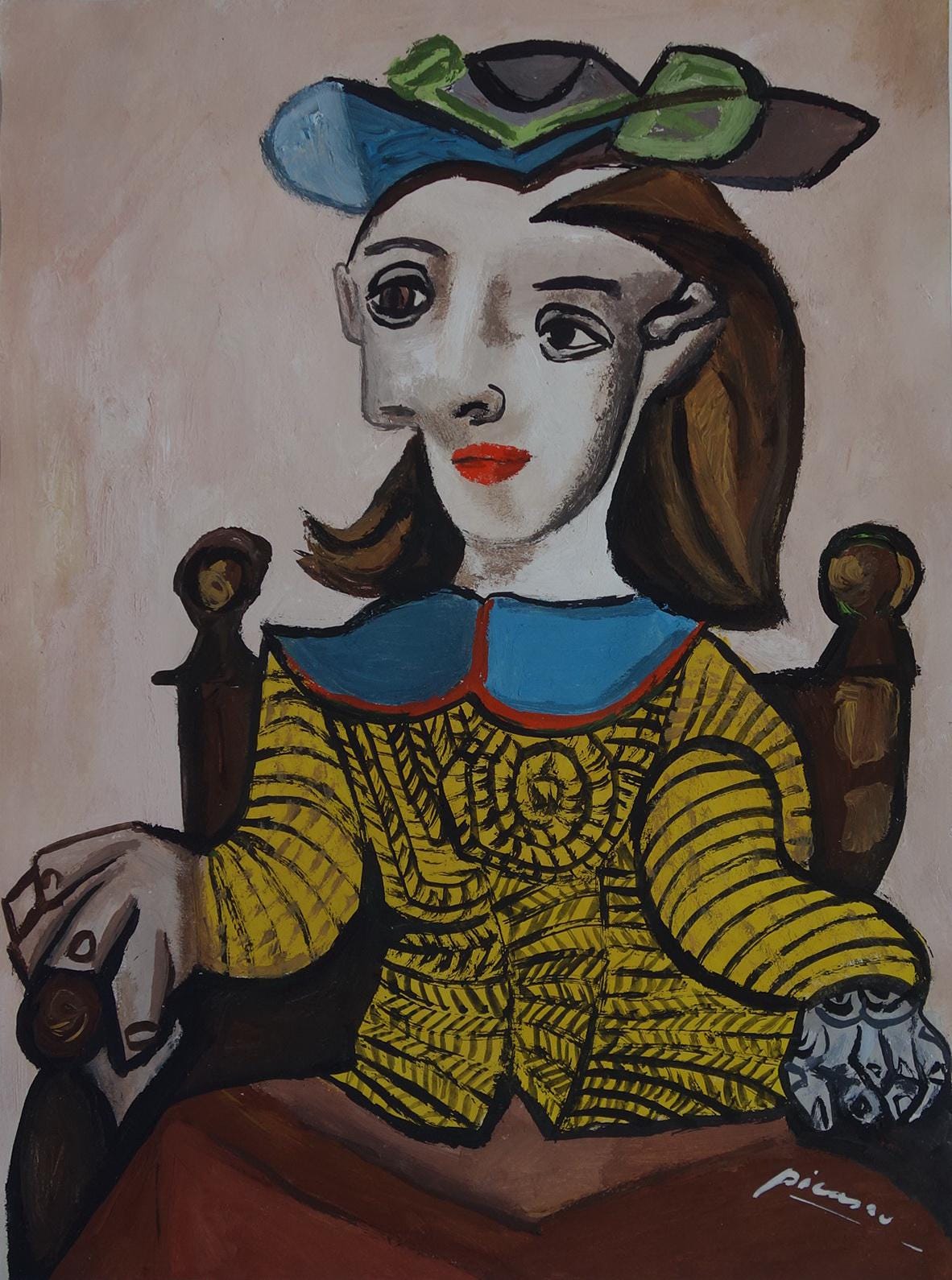 Very Rare Art - Unique Cubist Oil Portrait Painting, Signed