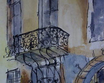 May include: A watercolor painting of a building with a balcony. The balcony is made of wrought iron and has a decorative design. The building is painted in shades of brown and blue.