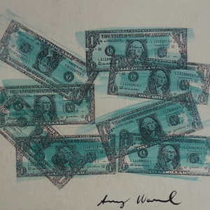 Fine unique Pop Art painting – Dollar bills, signed, Andy Warhol