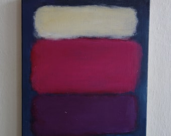 May include: Abstract painting with three horizontal bands of color. The top band is a pale yellow, the middle band is a vibrant pink, and the bottom band is a deep purple. The background is a dark blue.