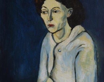美術品、希少なキュビズム絵画 - 女性、青の時代、署名入り、パブロ