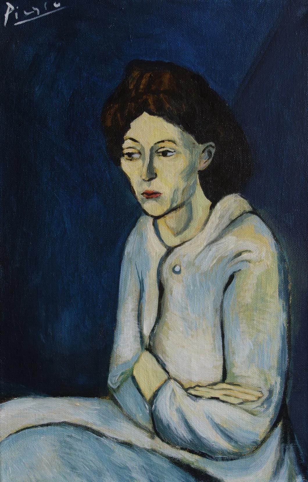 美術品、希少なキュビズム絵画 - 女性、青の時代、署名入り、パブロ