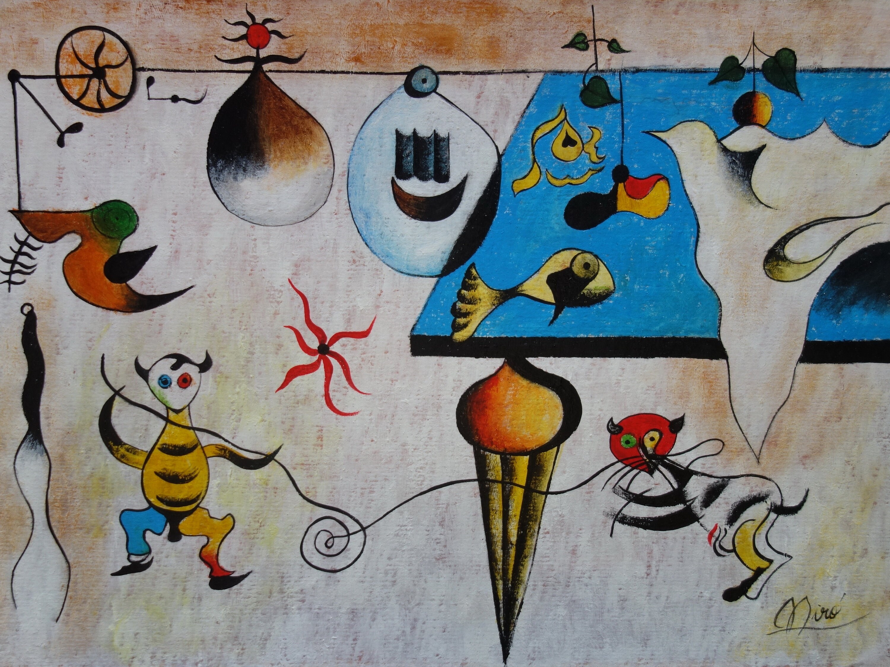 Fine Art, Rare Surrealism Painting – Characters, Signed, Joan Miro