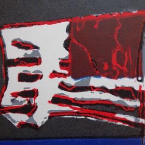 May include: A distressed American flag painted in red, white, and blue on a dark gray background. The flag is slightly tattered and faded, giving it a vintage look.