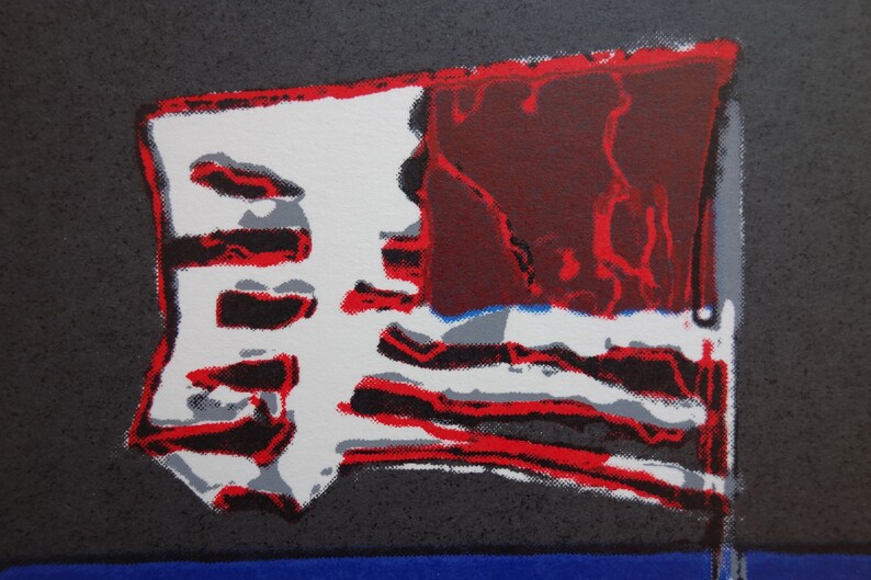 May include: A distressed American flag painted in red, white, and blue on a dark gray background. The flag is slightly tattered and faded, giving it a vintage look.