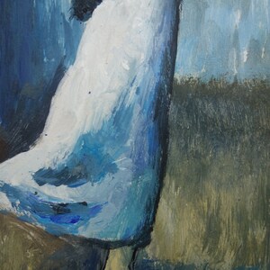 May include: A close-up of a painting depicting a person wearing a blue and white dress. The person's leg is visible, and the background is a blurry blue and green.