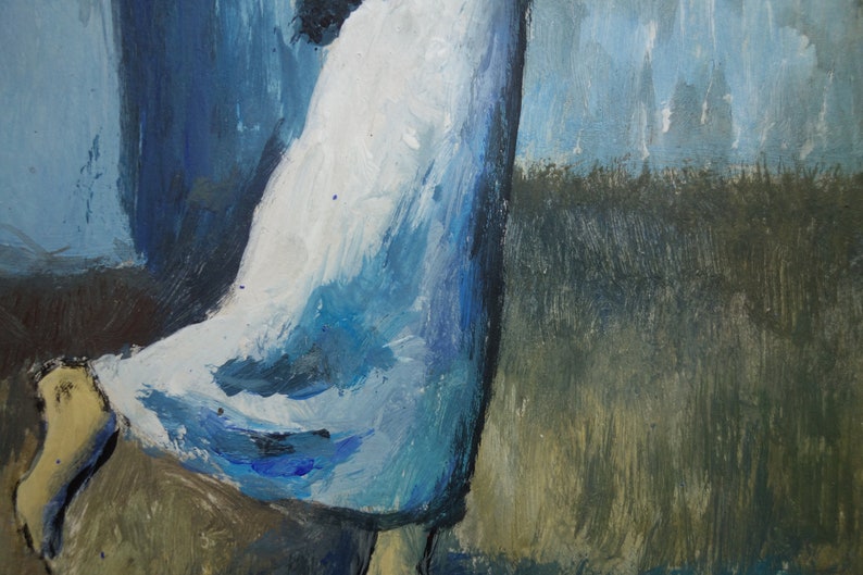 May include: A close-up of a painting depicting a person wearing a blue and white dress. The person's leg is visible, and the background is a blurry blue and green.
