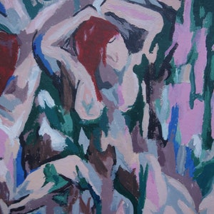 May include: Abstract painting depicting two figures in a landscape of green, blue and pink hues. The figures are nude and have red hair. The painting is executed in a loose, gestural style.