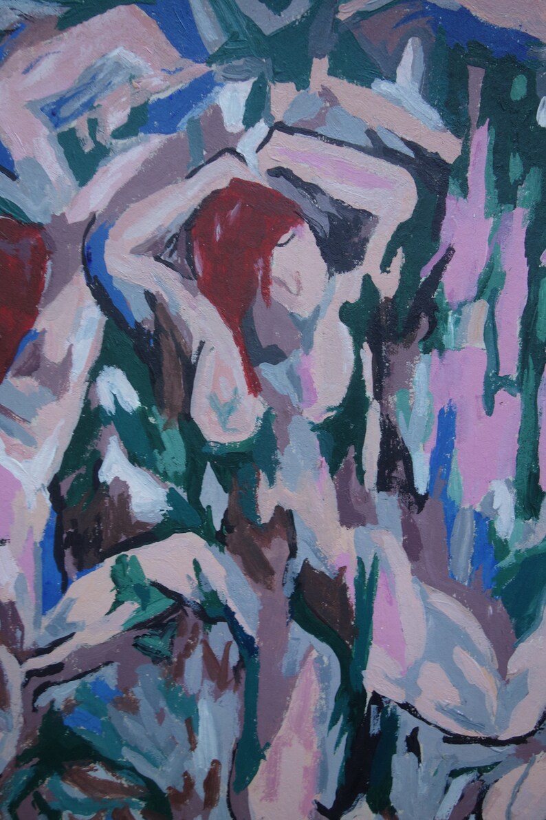 May include: Abstract painting depicting two figures in a landscape of green, blue and pink hues. The figures are nude and have red hair. The painting is executed in a loose, gestural style.
