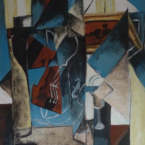 Pintura francesa cubista rara y fina, al gouache, naturaleza muerta, firmada, época de Picasso