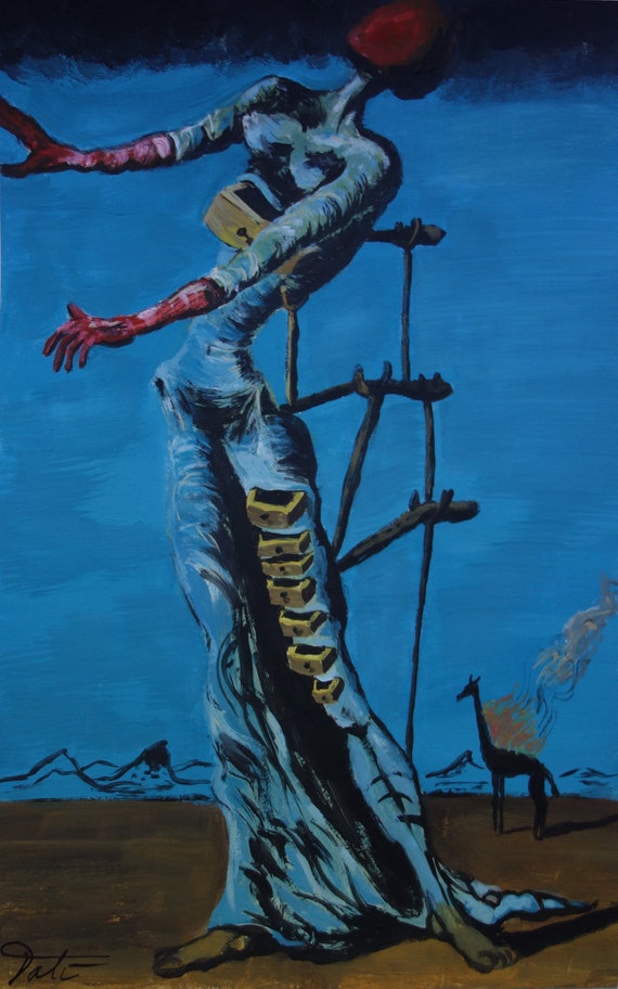 美術品、希少なシュルレアリスム絵画 - 引き出しを持つ人物、署名入り