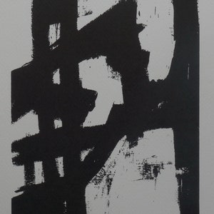 May include: Black and white abstract art print featuring bold brushstrokes and the artist's signature "Kline" in the bottom right corner.