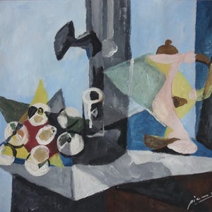 Obra de arte muy rara: pintura al óleo cubista única, bodegón, firmada por Picasso
