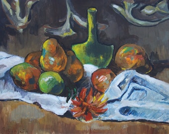 タヒチのユニークな油絵、静物画、ポール・ゴーギャンのサイン入り