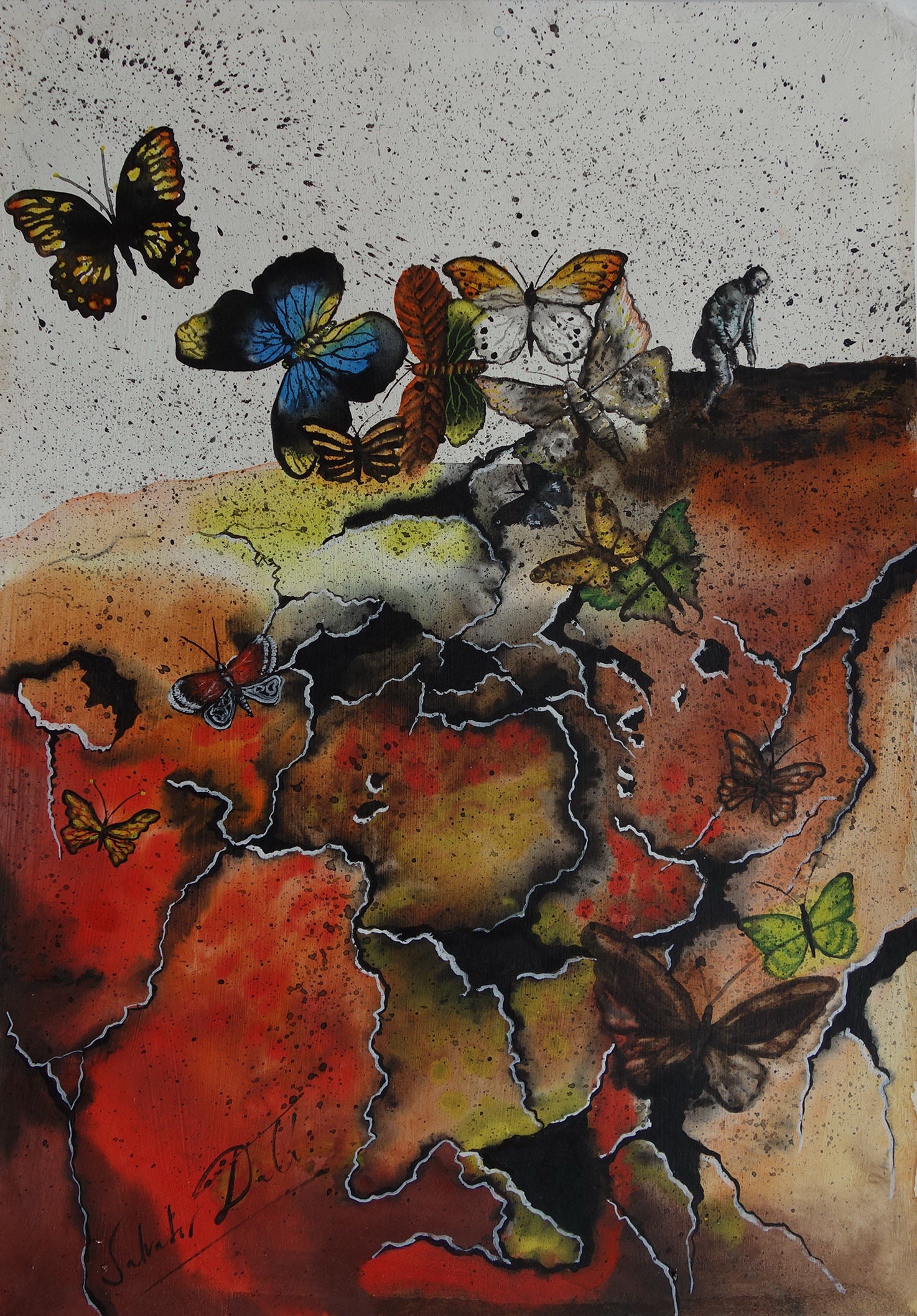 美術品、希少なシュルレアリスム絵画 - 蝶の風景、署名入り