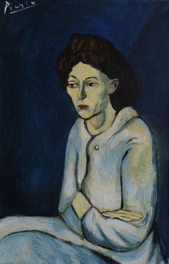 美術品、希少なキュビズム絵画 - 女性、青の時代、署名入り、パブロ