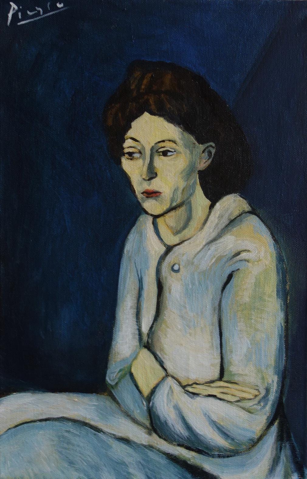 美術品、希少なキュビズム絵画 - 女性、青の時代、署名入り、パブロ
