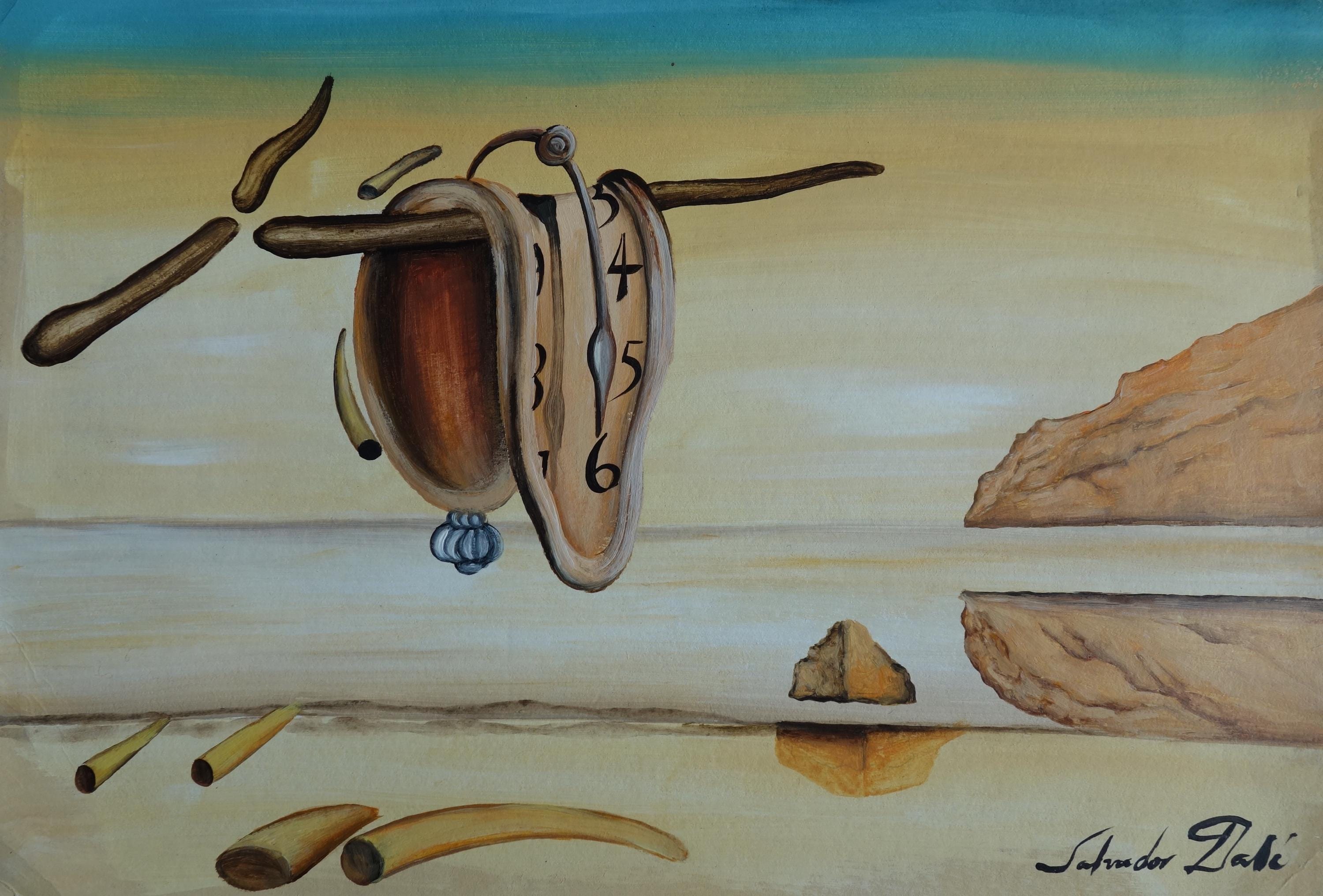 Fine Art, Rare Surrealism Painting – Melting Watch, Signed