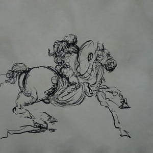 Fine art ink drawing, Surreal Figure - Horse rider, Marked & Signed, Salvador Dali
