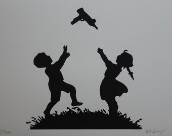 Limited edition Pop Art Graffiti silkscreen serigraph - boy and girl, signed, stamped and numbered, Banksy