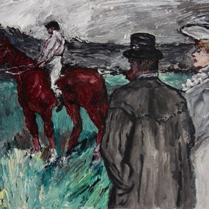 Fine early Expressionist, gouache painting – jockeys, Signed, Henri de Toulouse Lautrec