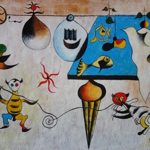 Fine art, Rare Surrealism painting – Characters, signed, Joan Miro