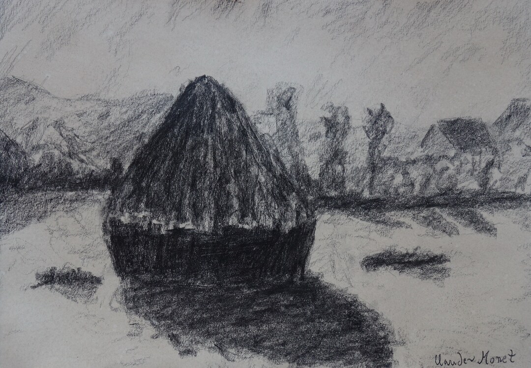 Fine Impressionist Charcoal Drawing - Haystacks, Marked & Signed