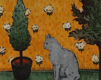 May include: A gray cat sits on a green lawn with a yellow background. The cat is looking to the left. There are white flowers on the yellow background. There is a green tree in a black pot on the left side of the image. There are red bushes in the foreground. The image is signed "Vincent" in the bottom left corner.