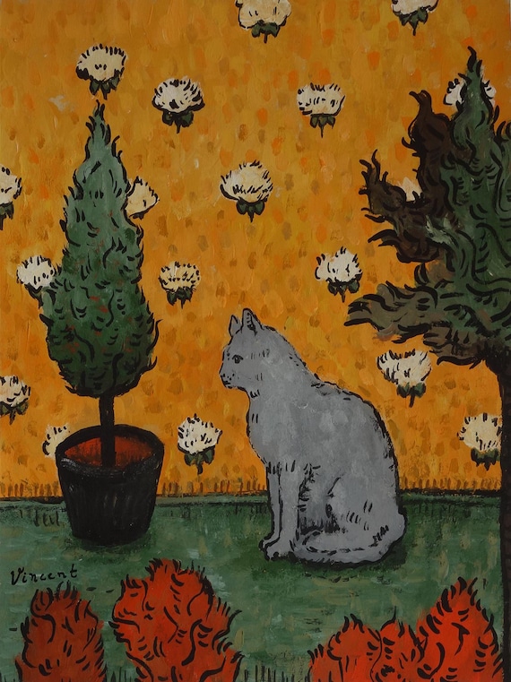 素晴らしいポスト印象派の油絵 - 動物 - 猫、署名入り、ヴィンセント