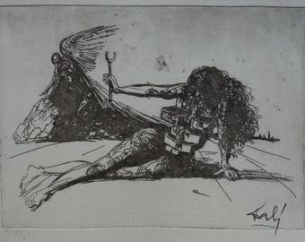 Feine Surreal Radierung, Figur mit Schubladen, Salvador Dali, signiert, gestempelt und nummeriert