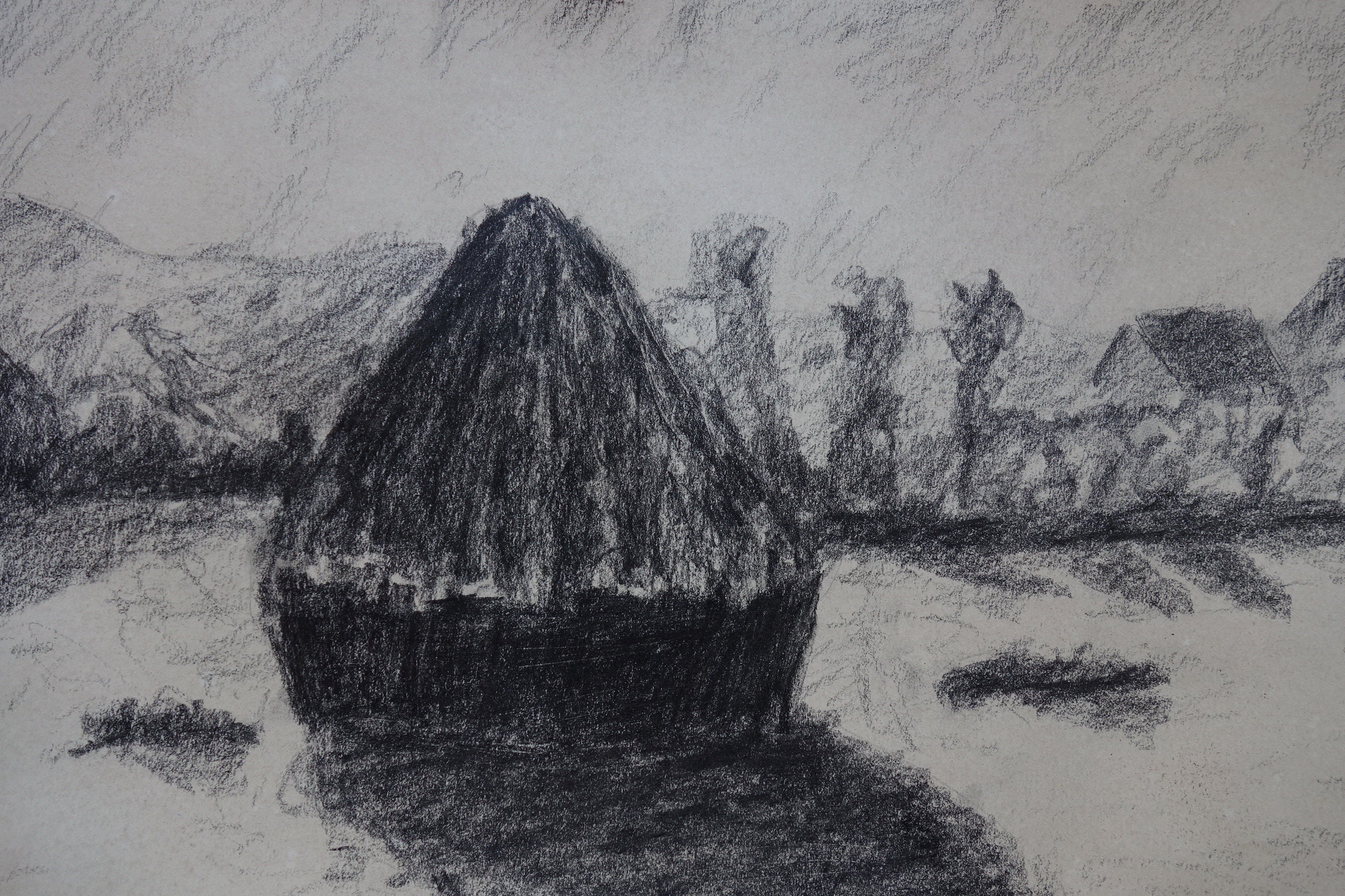 Fine Impressionist Charcoal Drawing - Haystacks, Marked & Signed