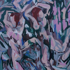 May include: Abstract painting depicting two figures against a swirling, colourful background. The figures are painted in shades of pink, red, and white, while the background is a mix of green, blue, and purple.