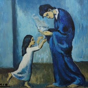 May include: A painting of a woman in a blue robe offering a bowl to a young girl in a white dress. The background is a blue wall.