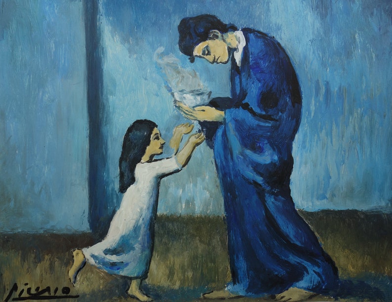 May include: A painting of a woman in a blue robe offering a bowl to a young girl in a white dress. The background is a blue wall.
