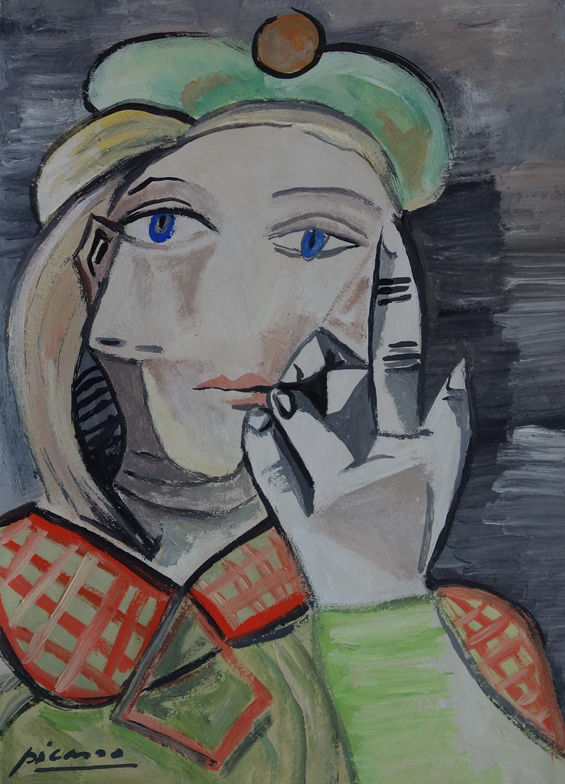 Very rare art - Unique Cubist oil portrait painting, Signed Picasso