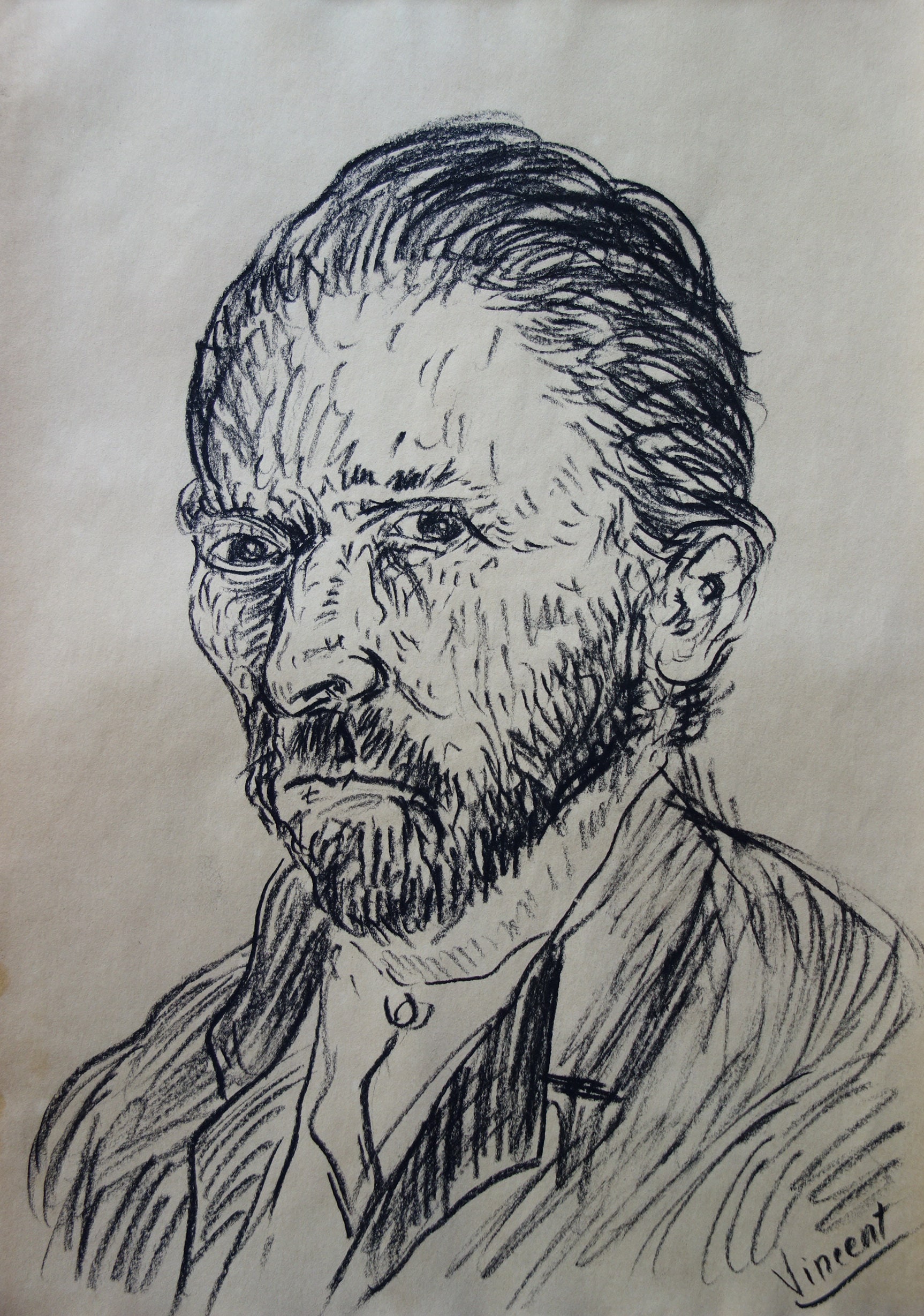 Fine post impressionist, charcoal drawing - portrait study, Signed, Vincent van Gogh